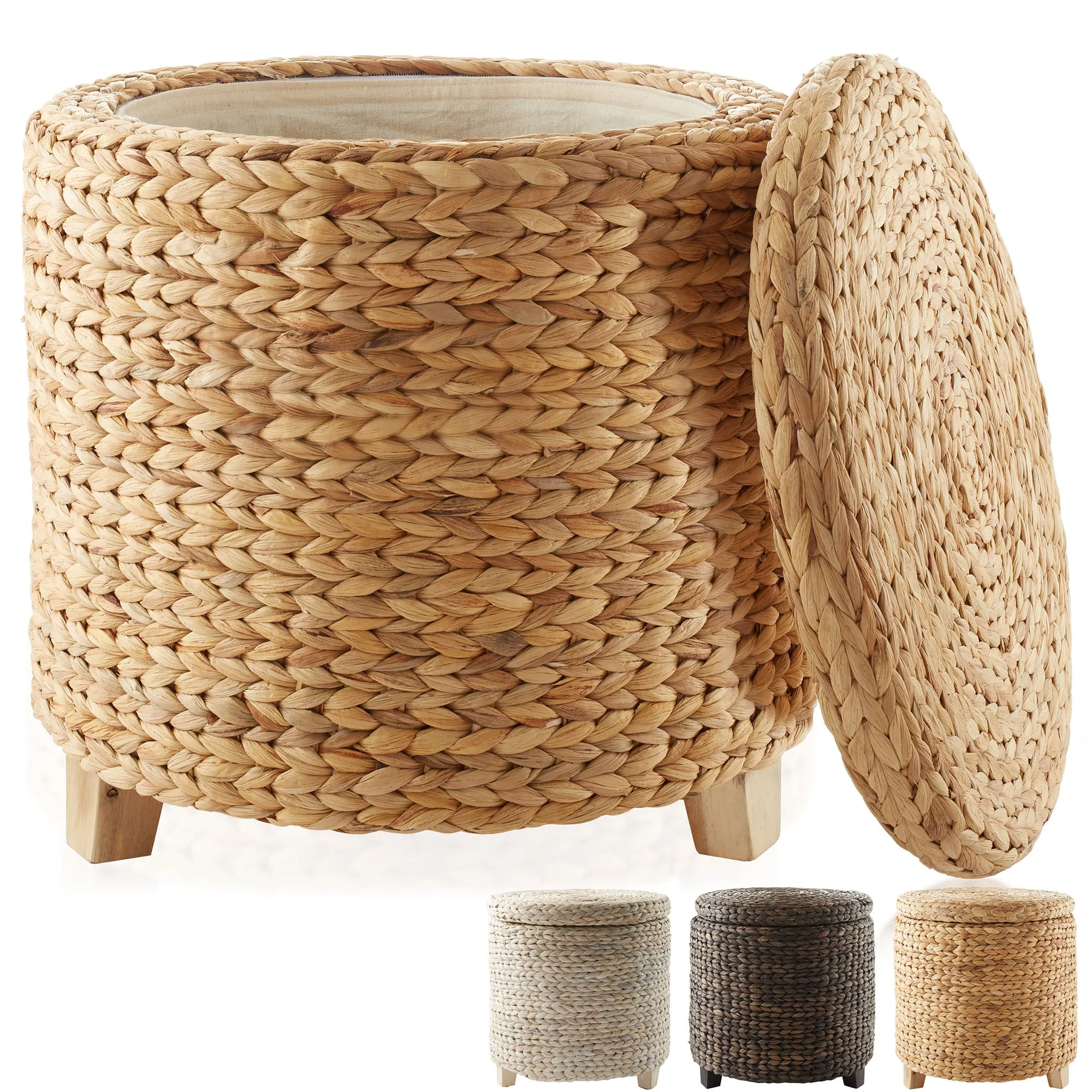 17" Round Water Hyacinth Storage Ottoman with Lid