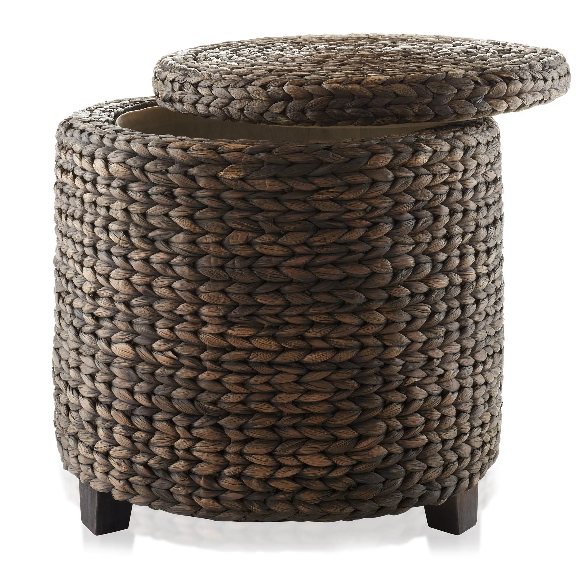 17" Round Water Hyacinth Storage Ottoman with Lid