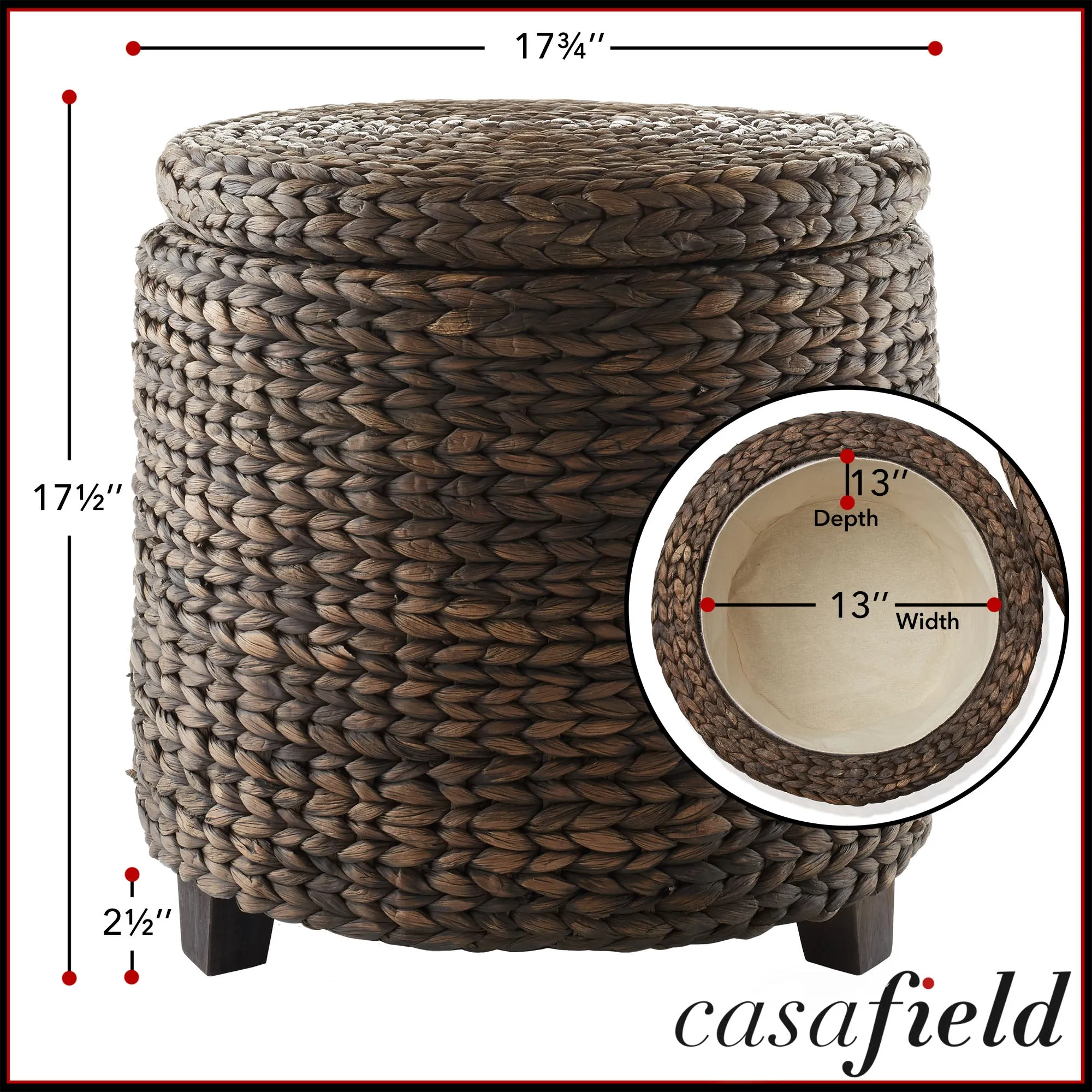 17" Round Water Hyacinth Storage Ottoman with Lid