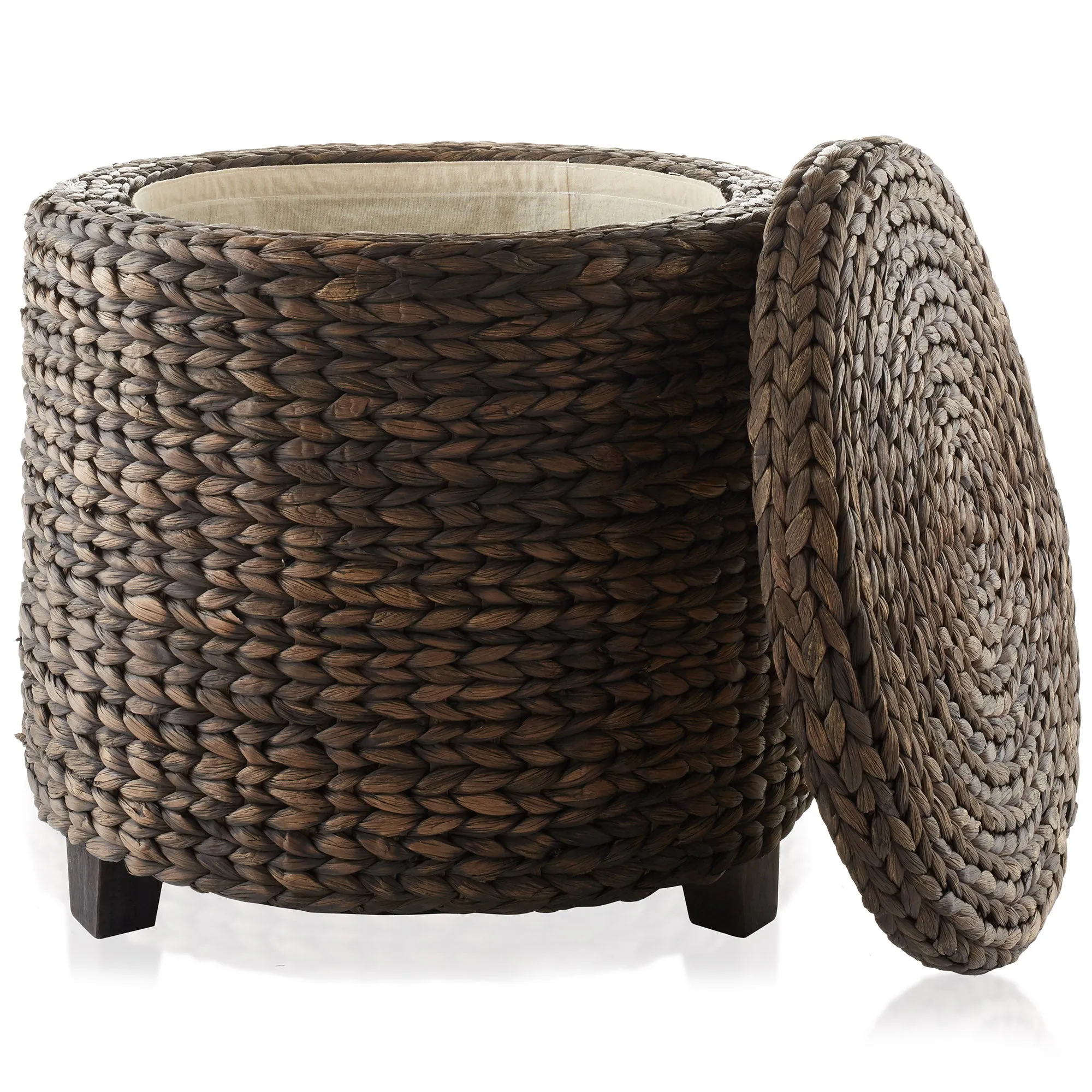 17" Round Water Hyacinth Storage Ottoman with Lid