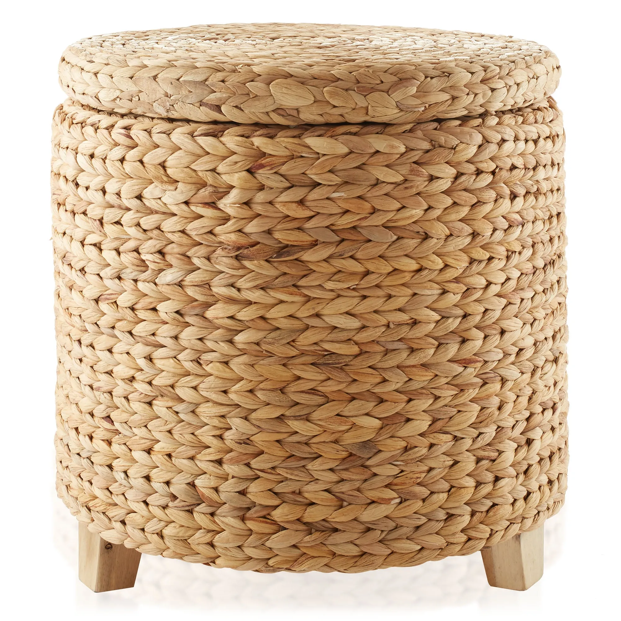 17" Round Water Hyacinth Storage Ottoman with Lid