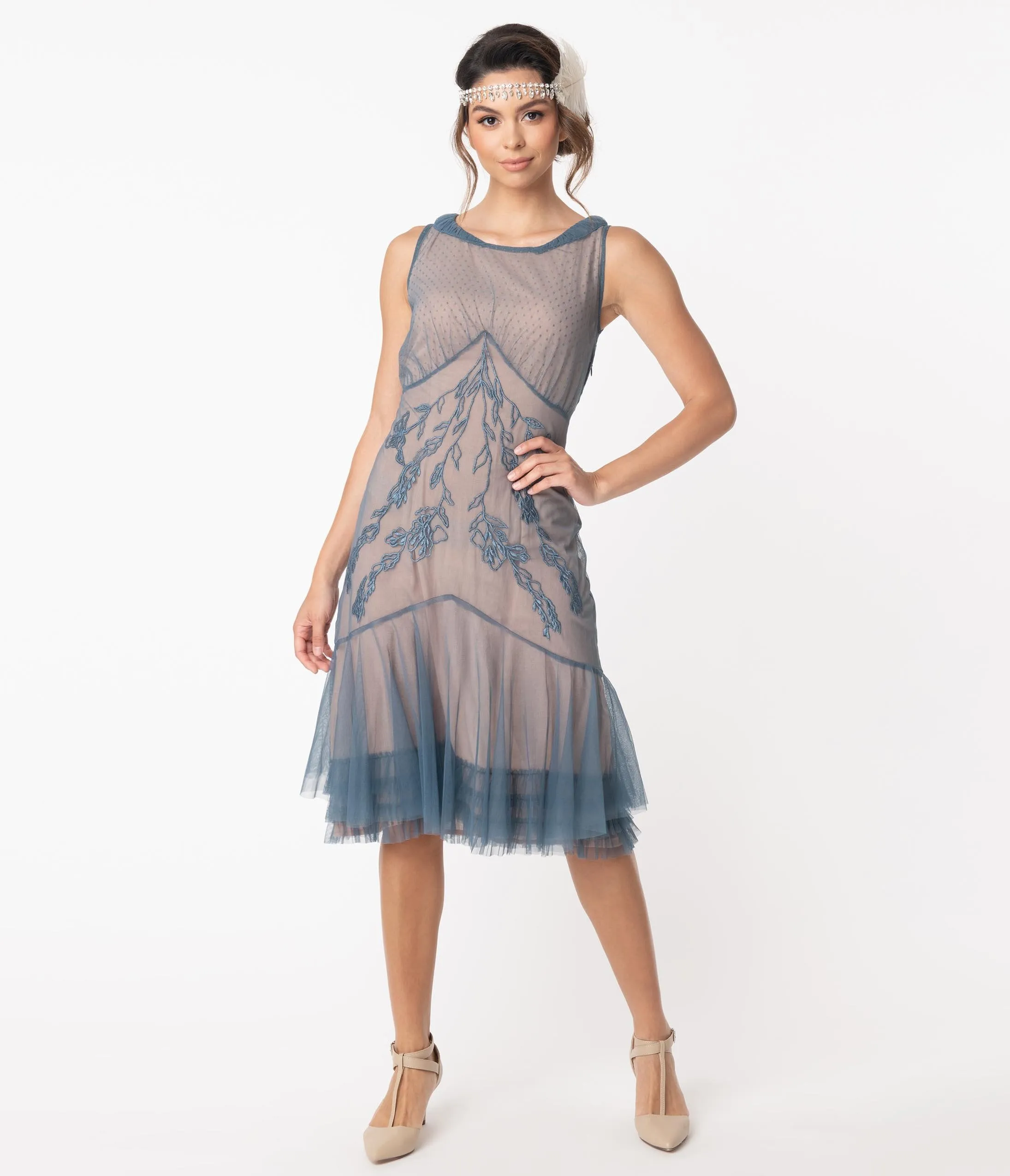 1920s Style Sapphire Embroidered Tatianna Flapper Dress