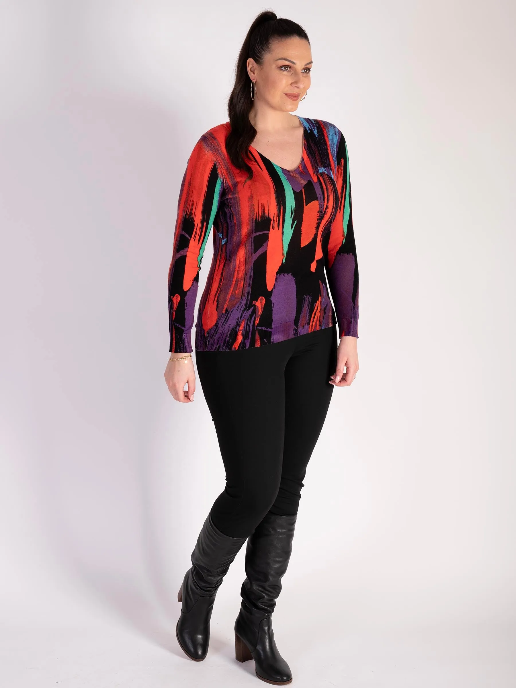 Abstract Stroke Print V-Neck Jumper