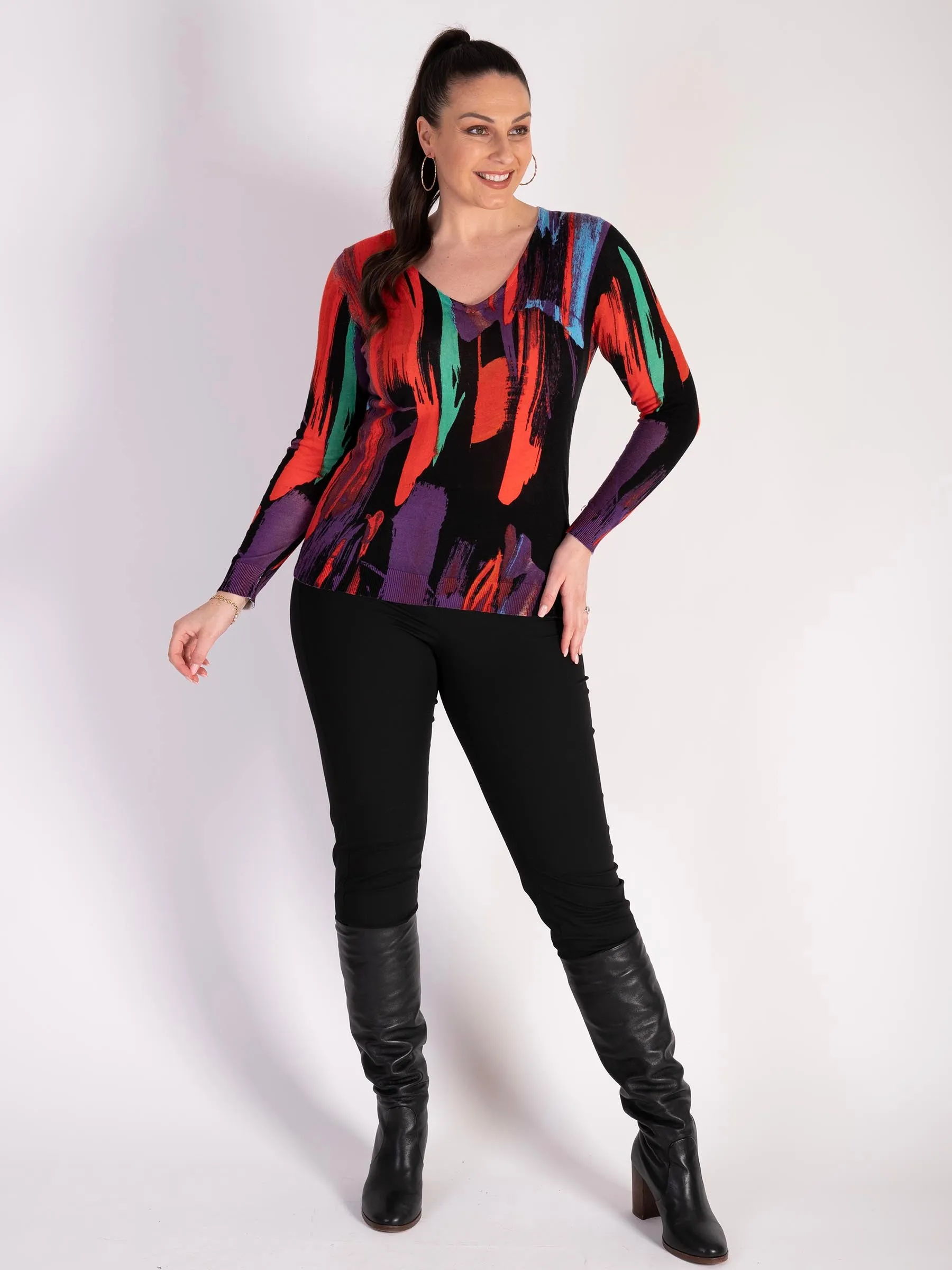 Abstract Stroke Print V-Neck Jumper