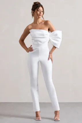 Adabella | White Satin Strapless One-Sleeve Straight-Leg Jumpsuit