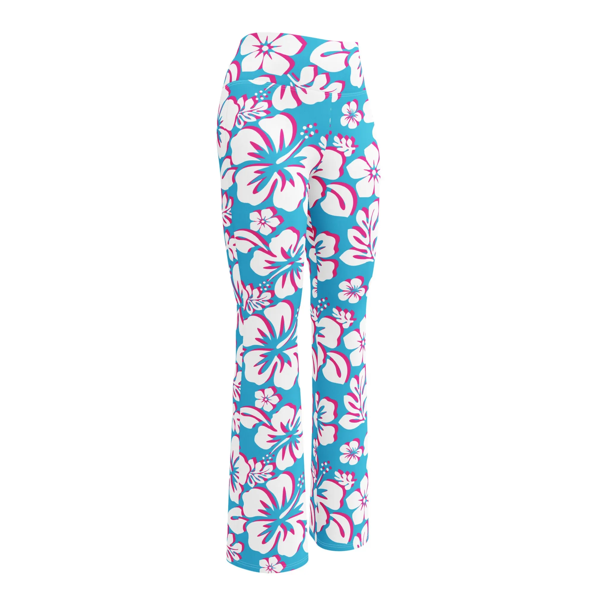 Aqua Blue, Hot Pink and White Hawaiian Flowers Flare Leggings