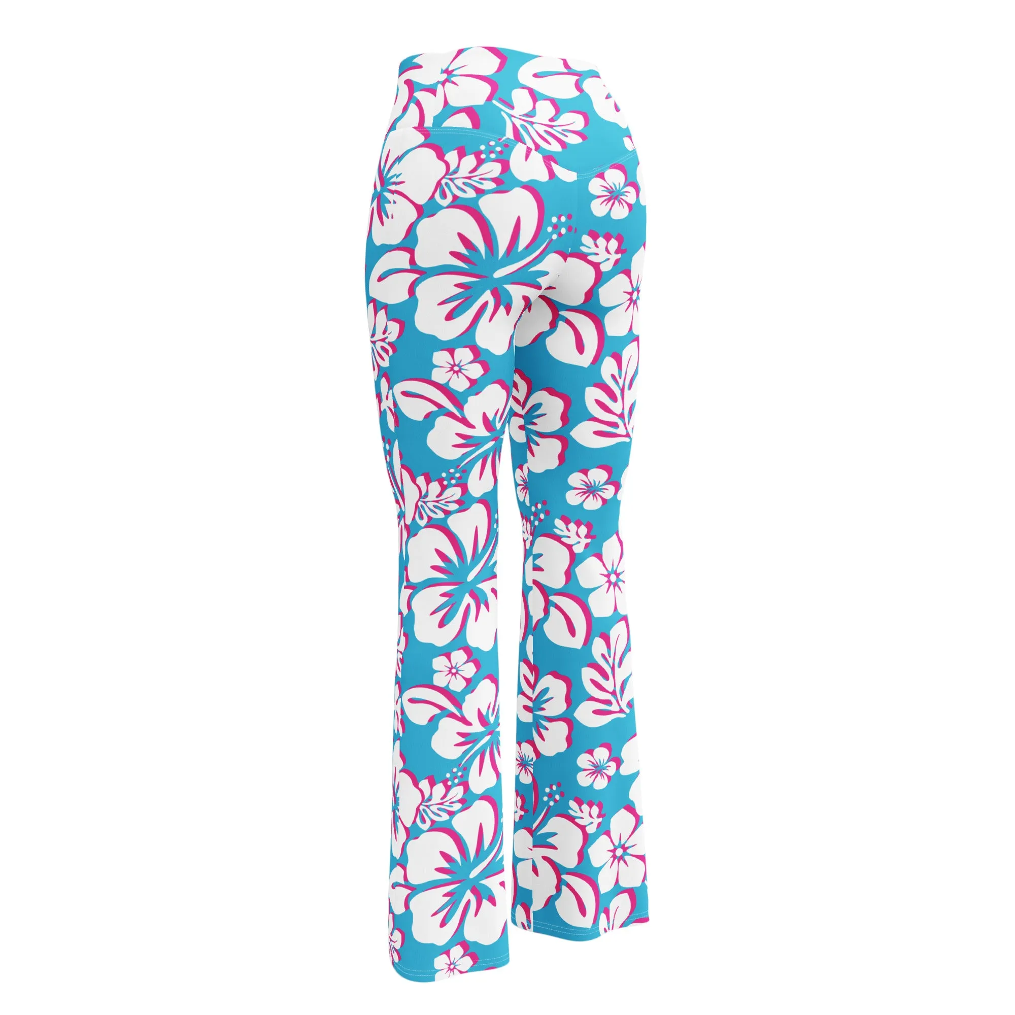 Aqua Blue, Hot Pink and White Hawaiian Flowers Flare Leggings