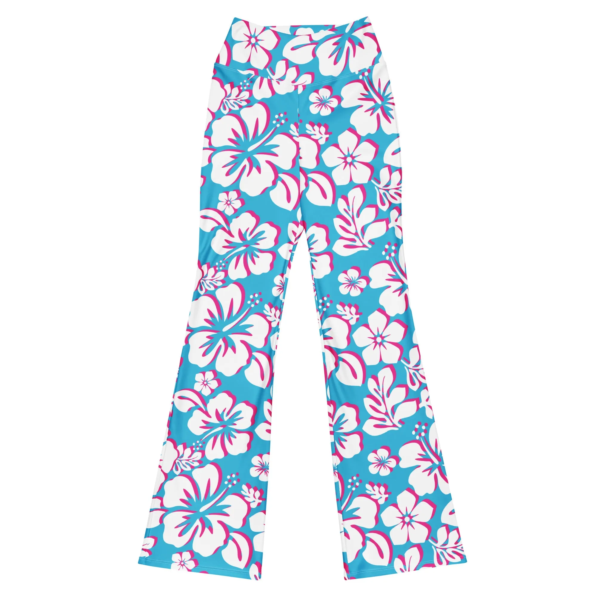 Aqua Blue, Hot Pink and White Hawaiian Flowers Flare Leggings