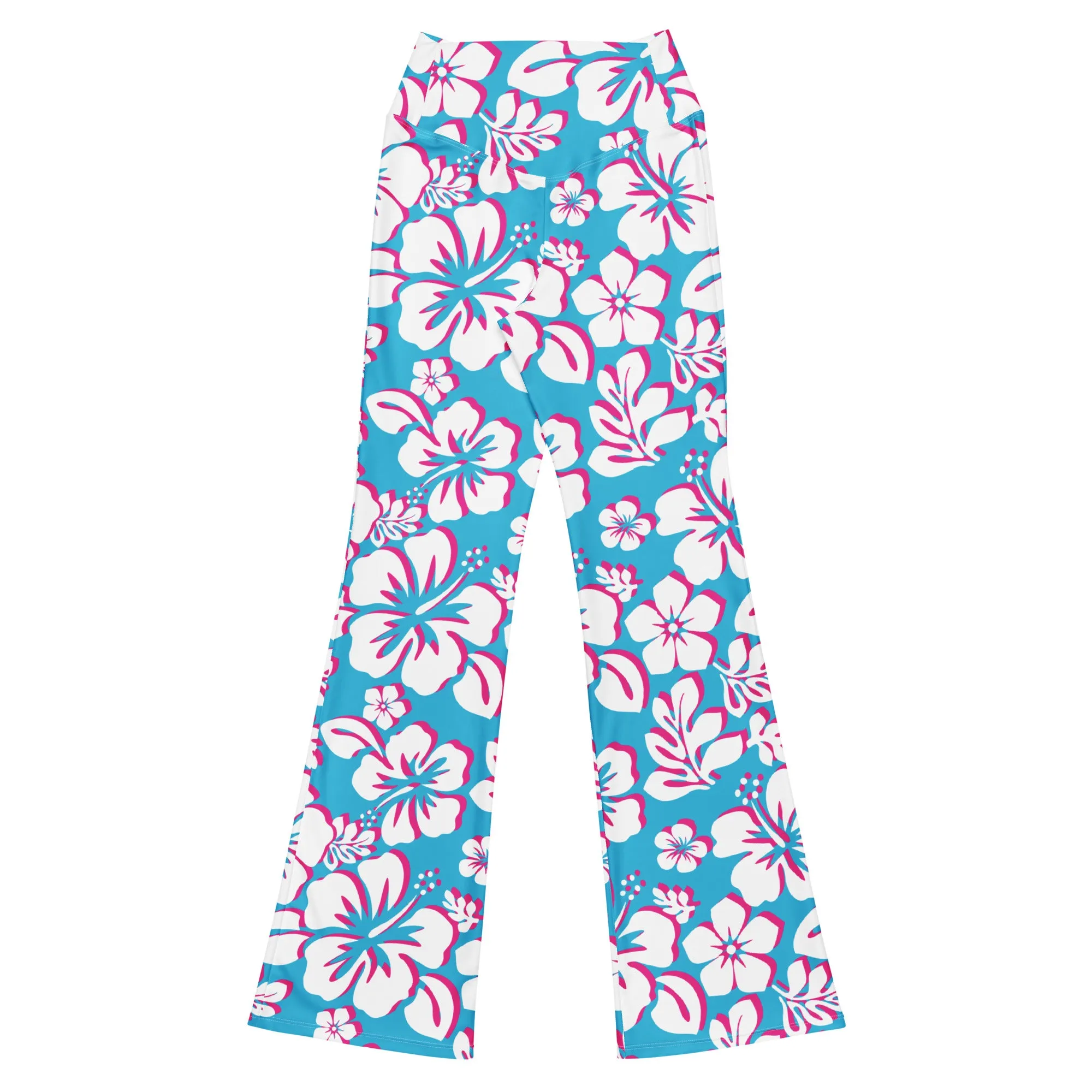 Aqua Blue, Hot Pink and White Hawaiian Flowers Flare Leggings