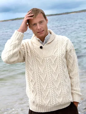 ARAN ONE BUTTON SHAWL COLLAR SWEATER