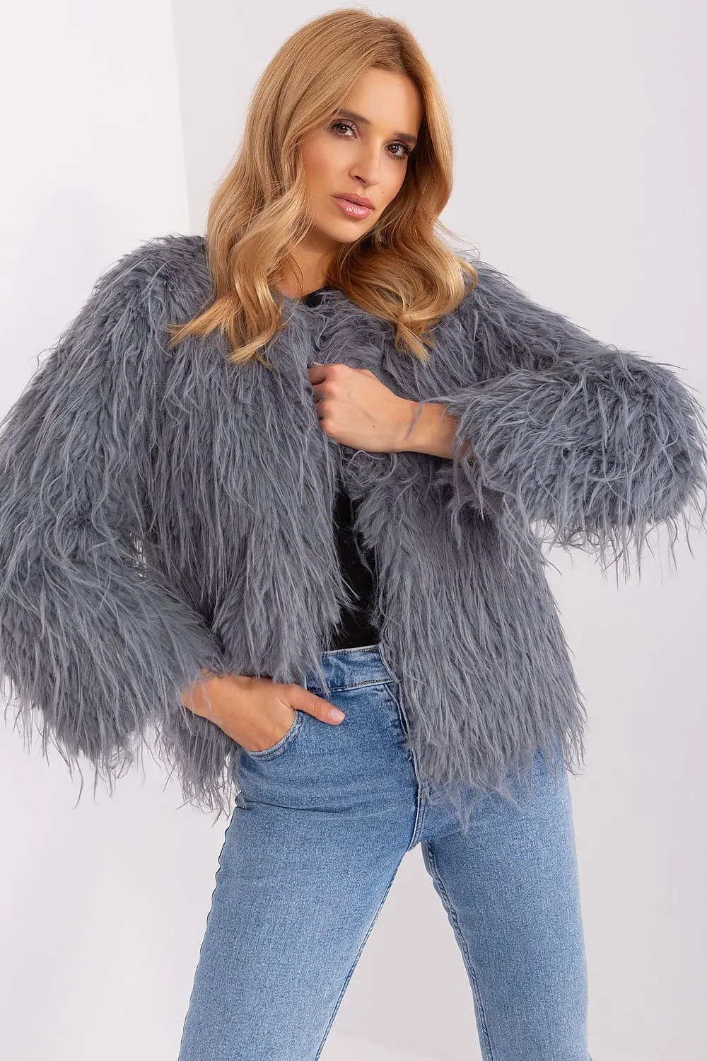 AT Faux Feather Fuzzy Jacket