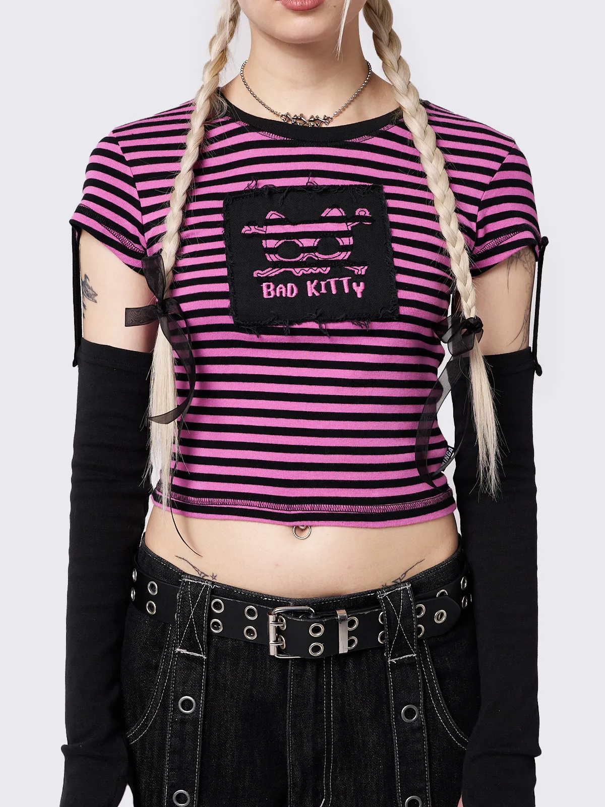 Bad Kitty Pink Striped Detachable Sleeve Top