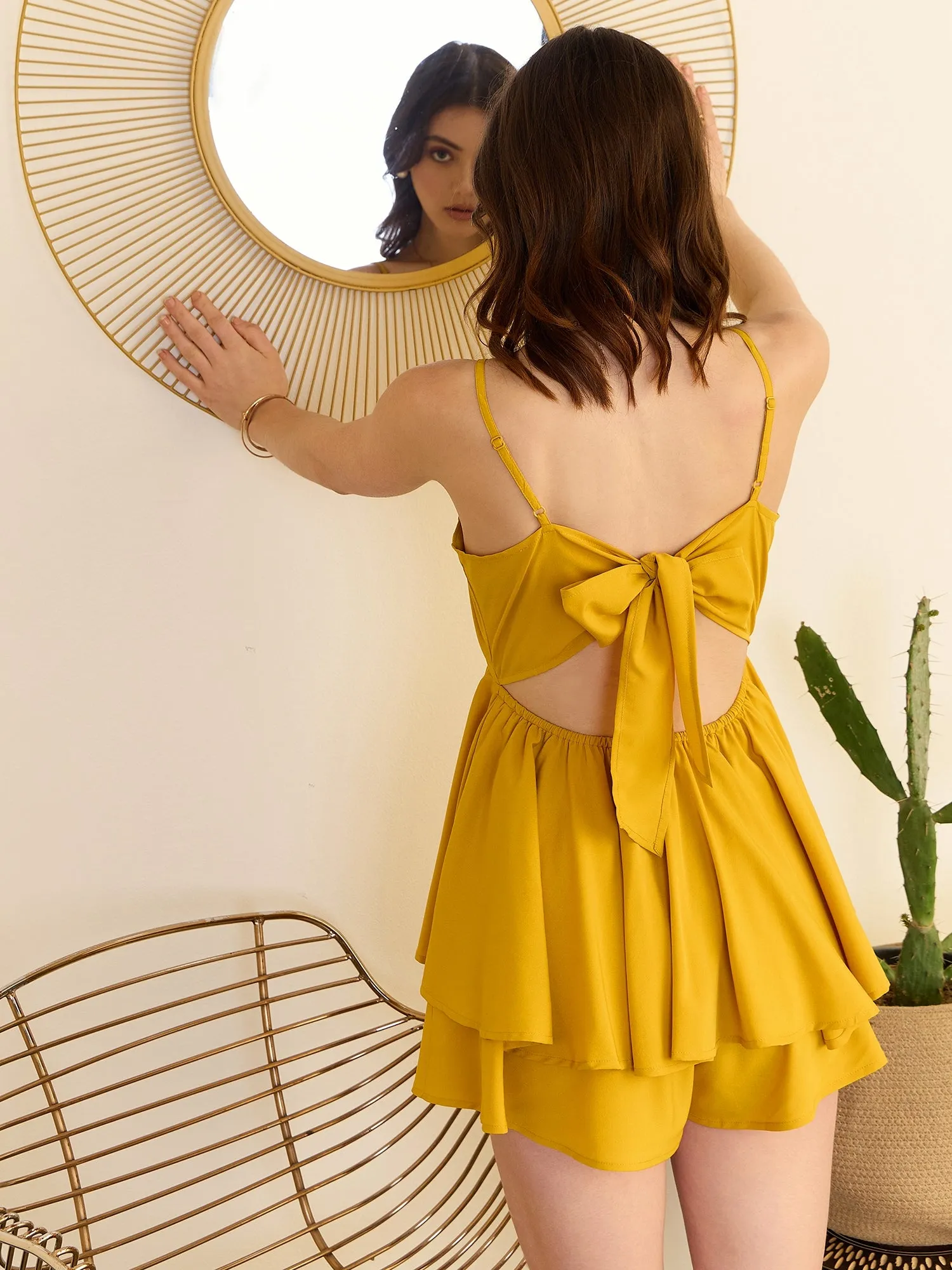 Berrylush Women Solid Yellow Square Neck Sleeveless Back Tie-Up Cutout Layered Mini Jumpsuit