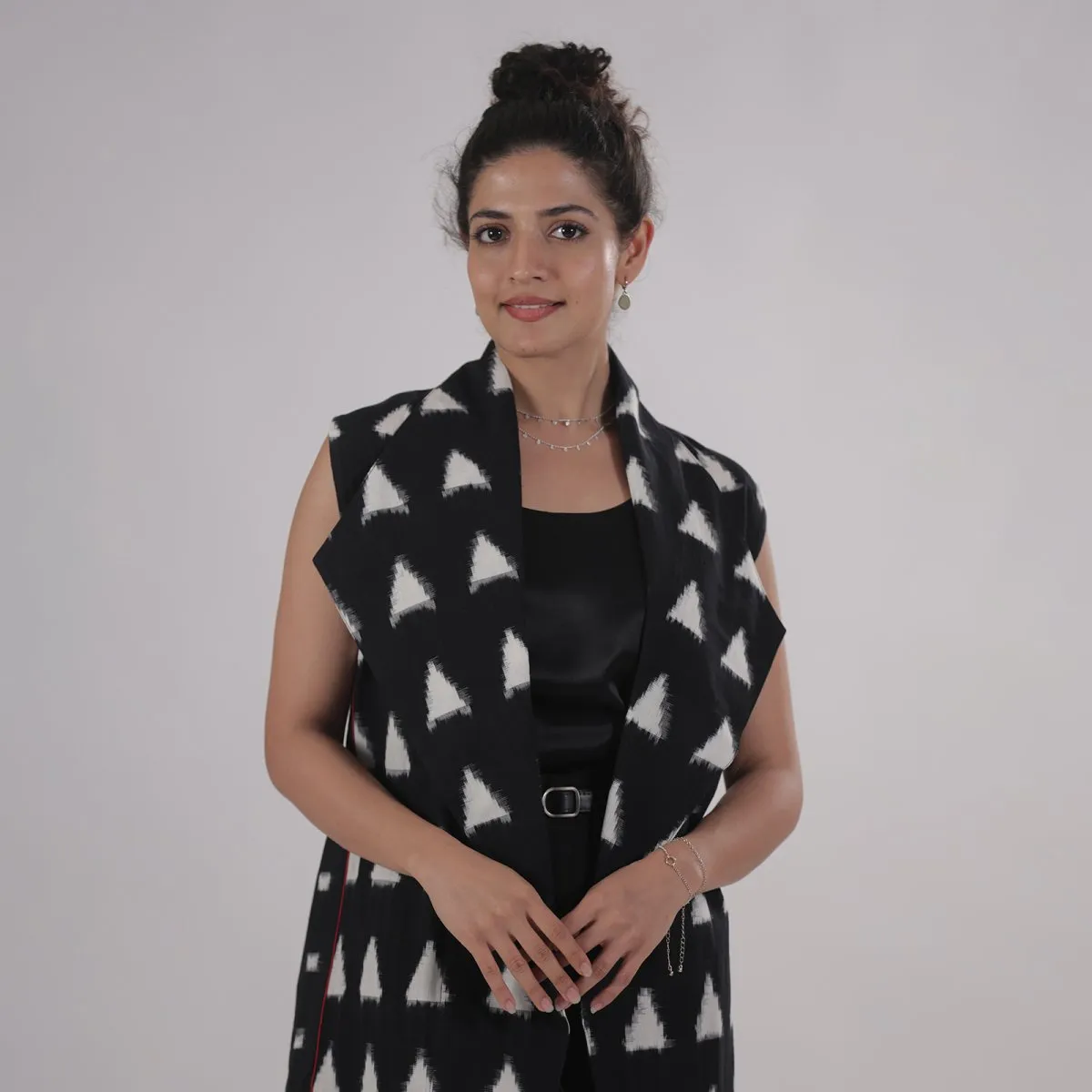 Black & White Handprinted Ikat Sleeveless Shrug