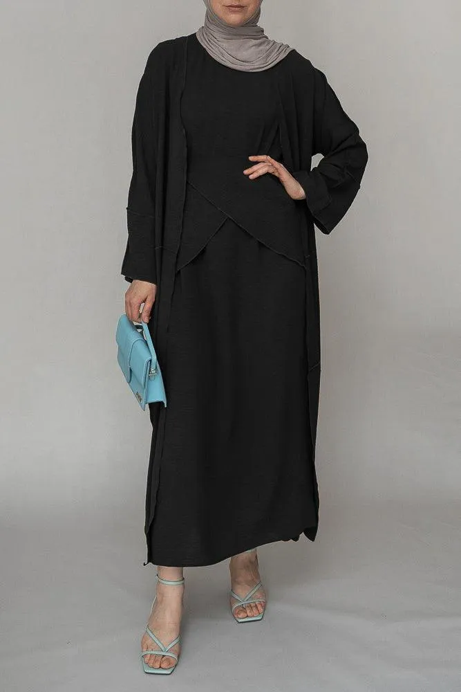 Black three piece maxi abaya with apron and inside out stitching