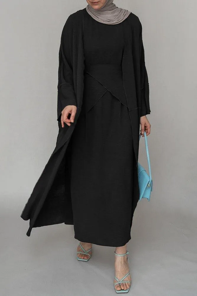 Black three piece maxi abaya with apron and inside out stitching