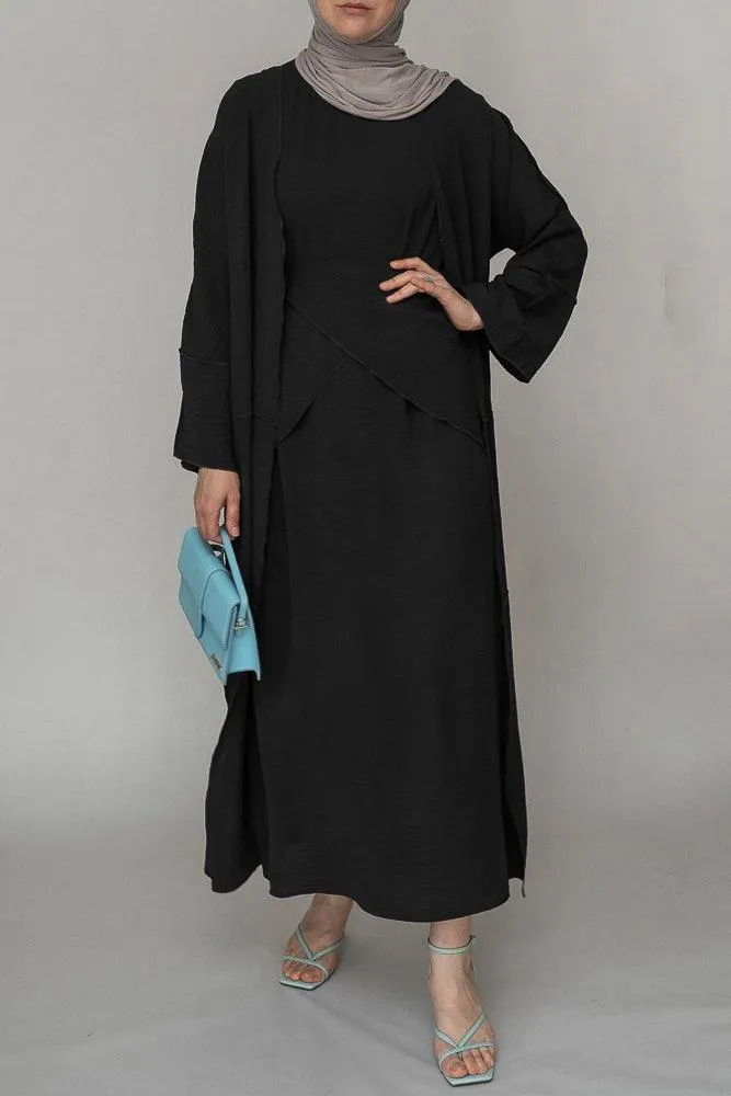 Black three piece maxi abaya with apron and inside out stitching