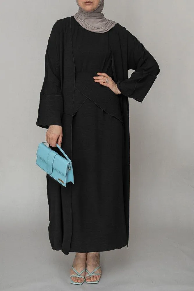 Black three piece maxi abaya with apron and inside out stitching