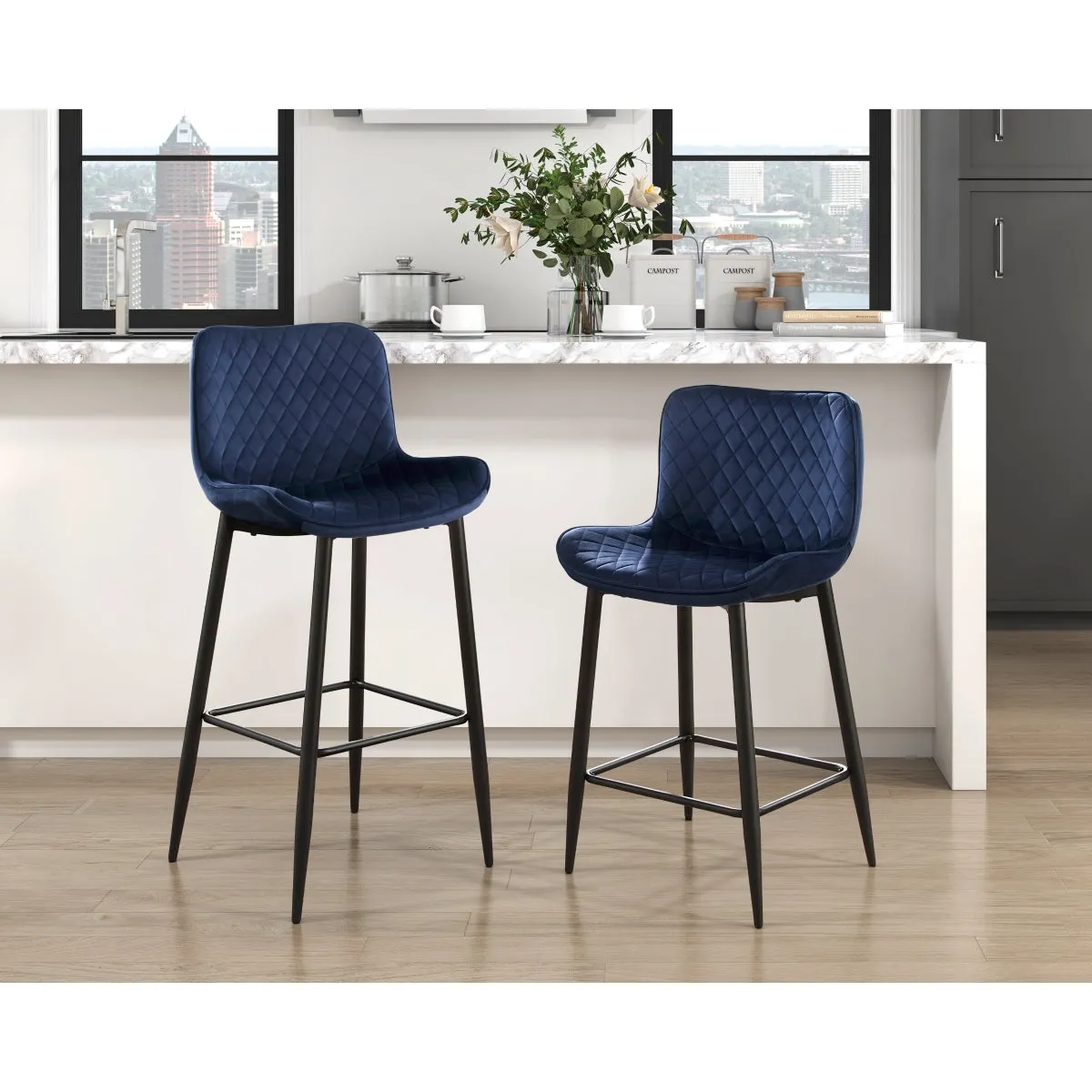 Blue Velvet Counter Height Chair with Quilted Stitching - 24" - Set of 2