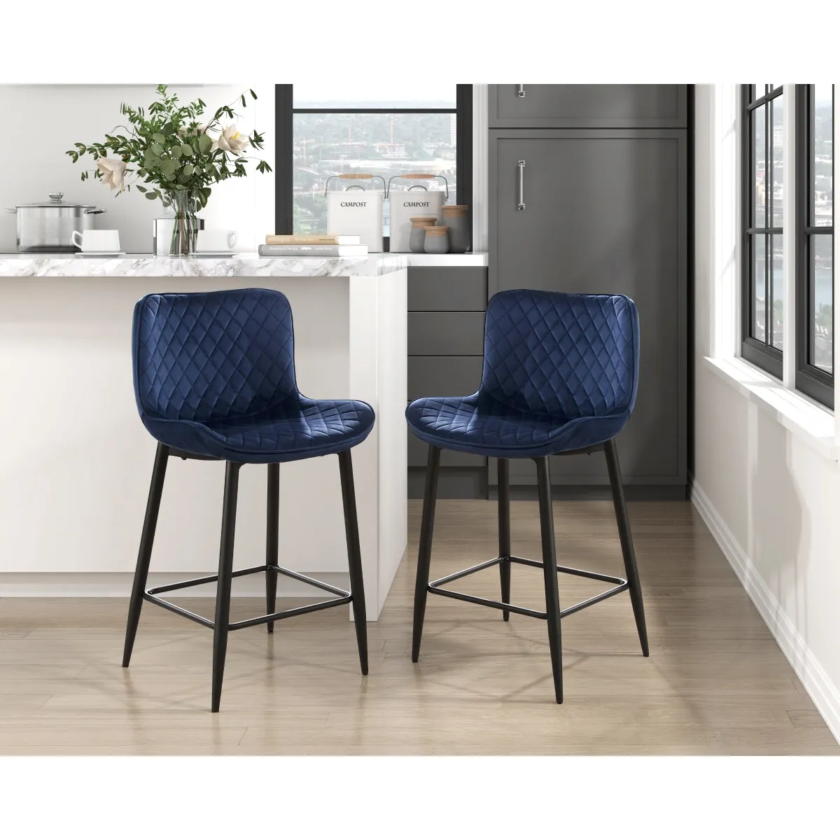 Blue Velvet Counter Height Chair with Quilted Stitching - 24" - Set of 2