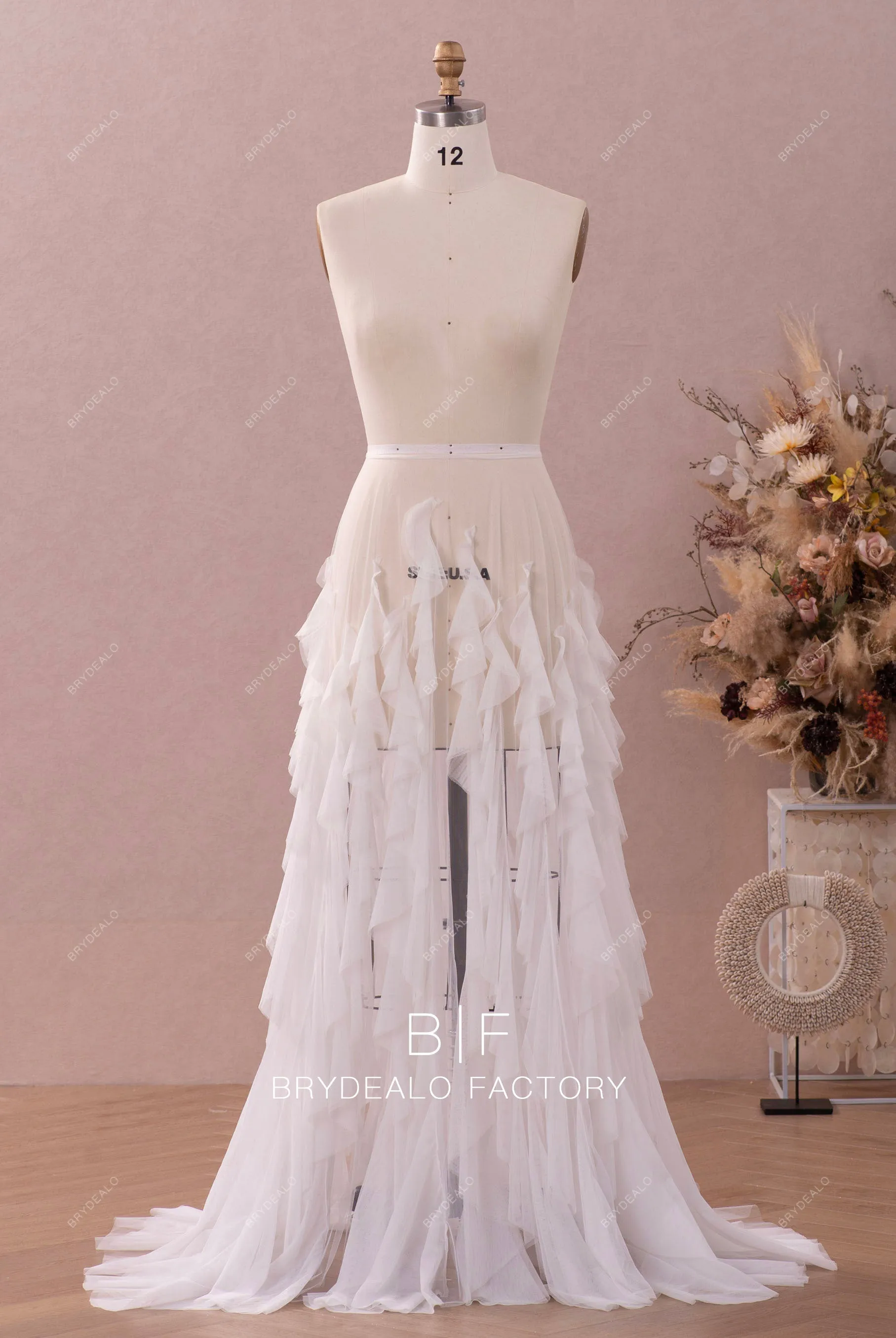 Boho Illusion Ruffled Removable Wedding Overskirt with Sweep Train