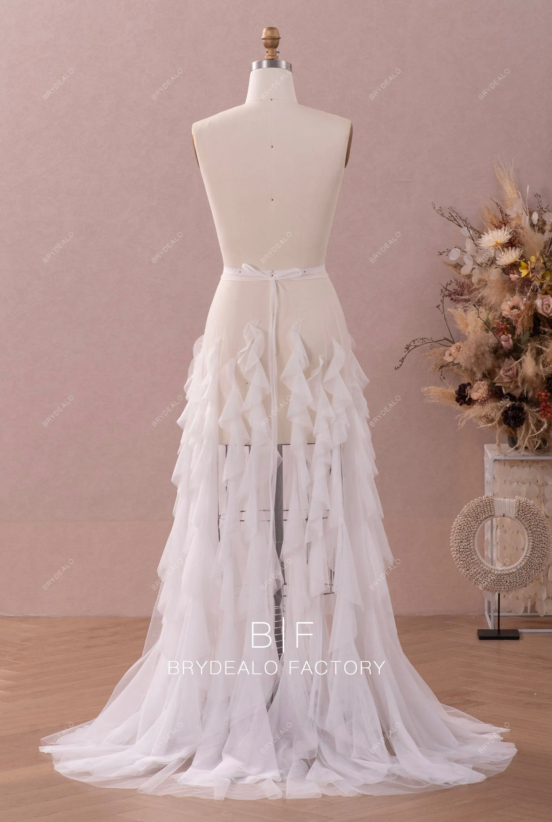 Boho Illusion Ruffled Removable Wedding Overskirt with Sweep Train