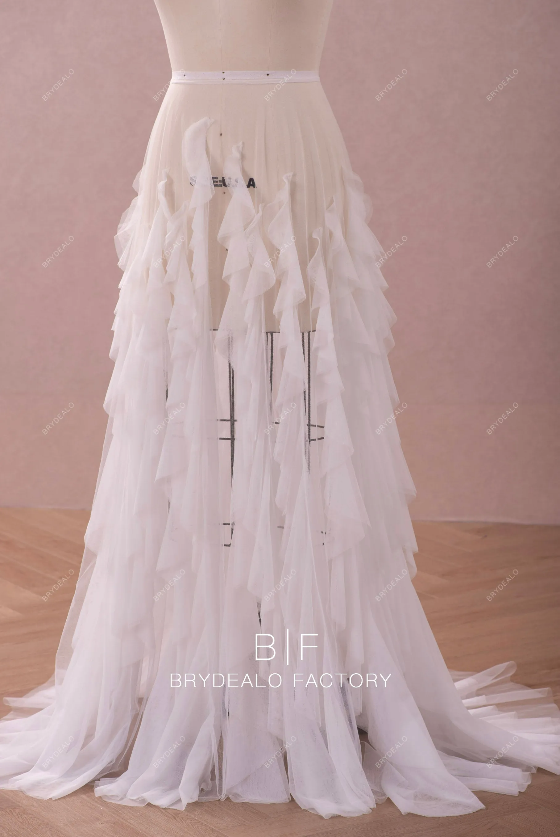 Boho Illusion Ruffled Removable Wedding Overskirt with Sweep Train