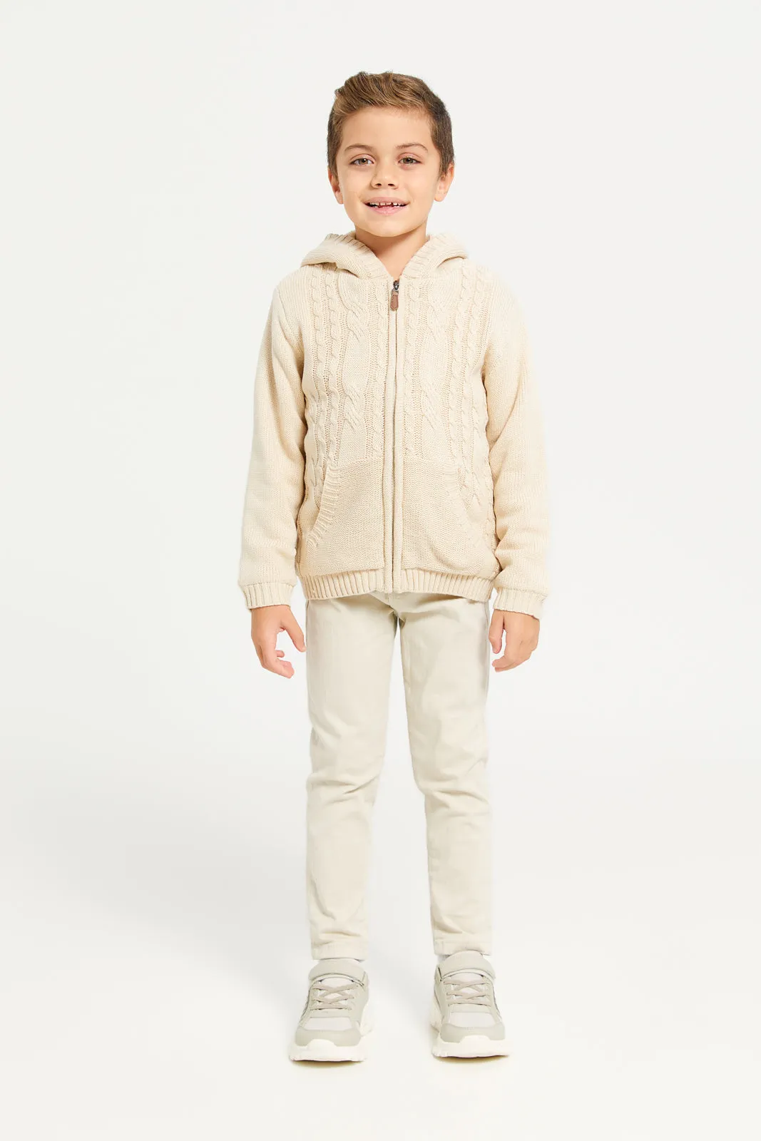 Boys Beige Zip Thur Fur Lining Hooded Cardigan