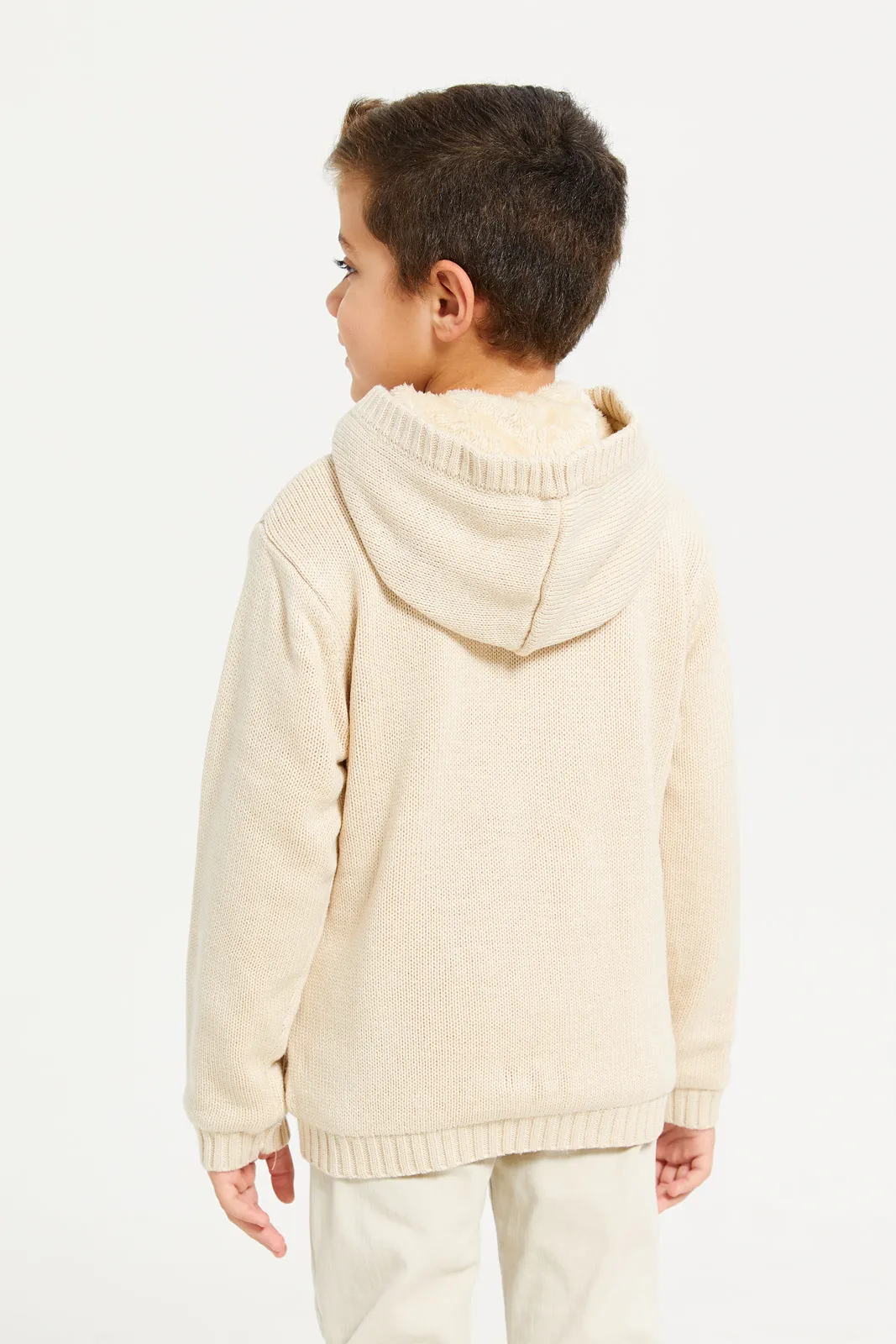 Boys Beige Zip Thur Fur Lining Hooded Cardigan