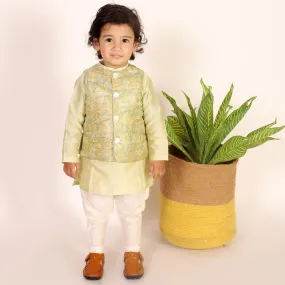 Boys Ethnic Brocade Floral Jacket with Rich Kurta Pant Set  - Green