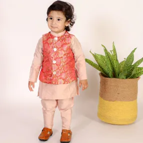 Boys Ethnic Brocade Floral Jacket with Rich Kurta Pant Set  - Red