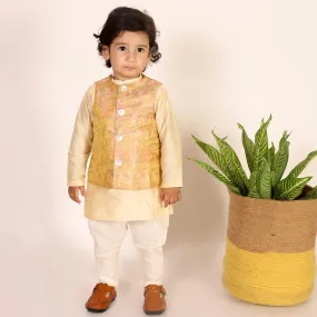 Boys Ethnic Brocade Floral Jacket with Rich Kurta Pant Set  - Yellow