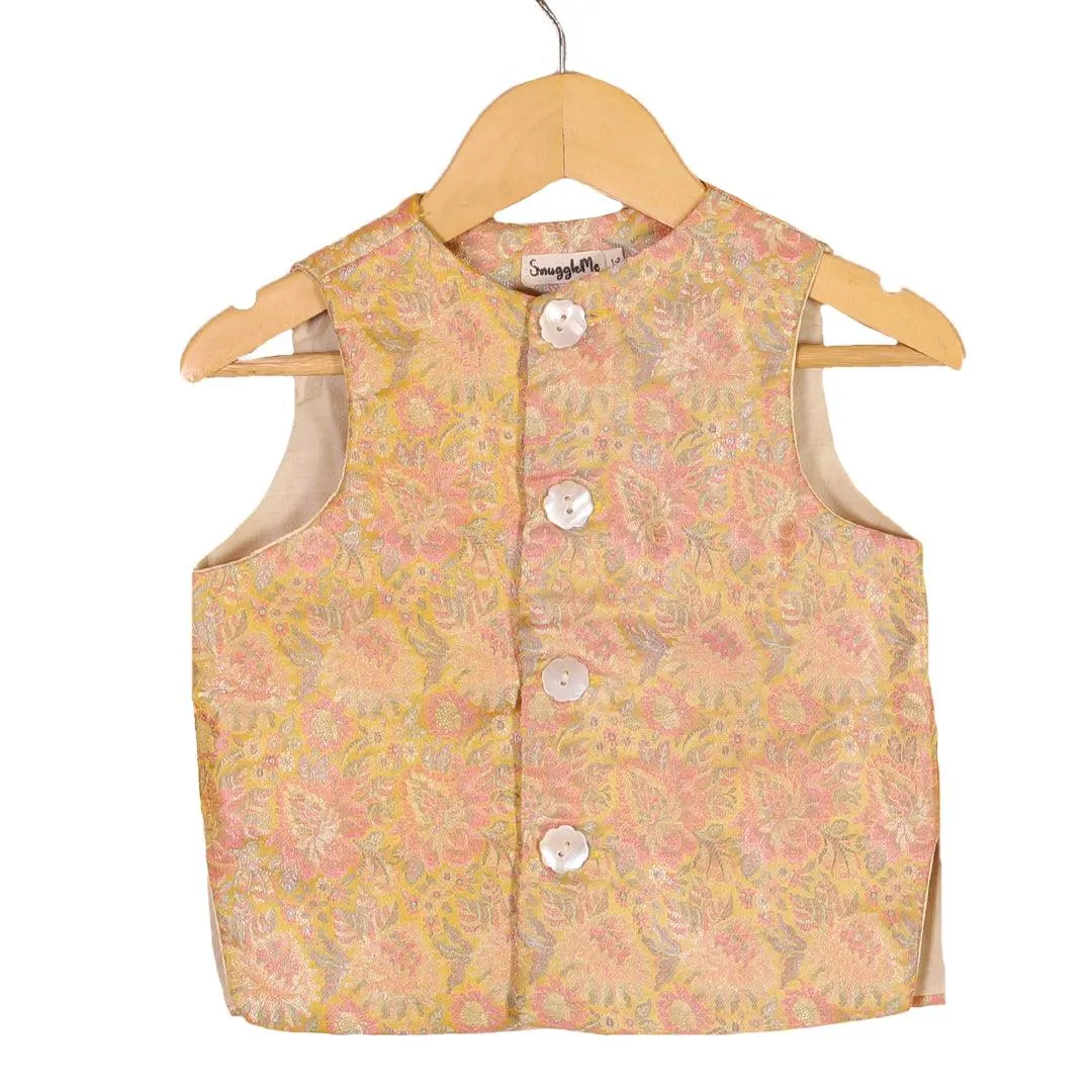 Boys Ethnic Brocade Floral Jacket with Rich Kurta Pant Set  - Yellow