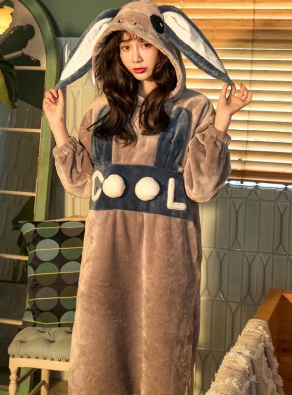 BROWN RABBIT LONG SLEEVE HOODED KOREAN FLANNEL BATHROBE