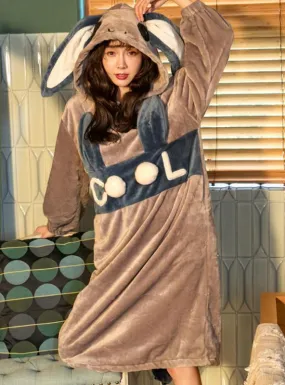 BROWN RABBIT LONG SLEEVE HOODED KOREAN FLANNEL BATHROBE