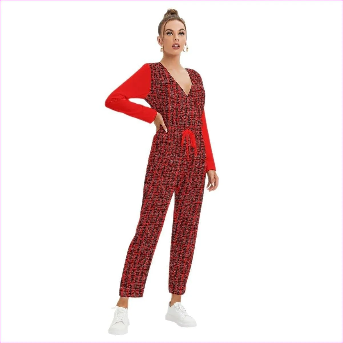 Caged Fire Womens V-neck High Waist Red Jumpsuit