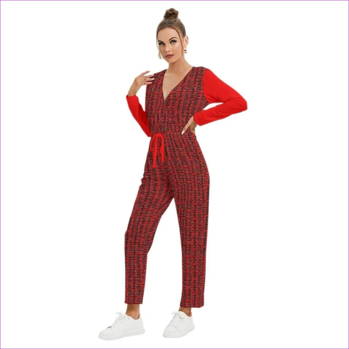 Caged Fire Womens V-neck High Waist Red Jumpsuit