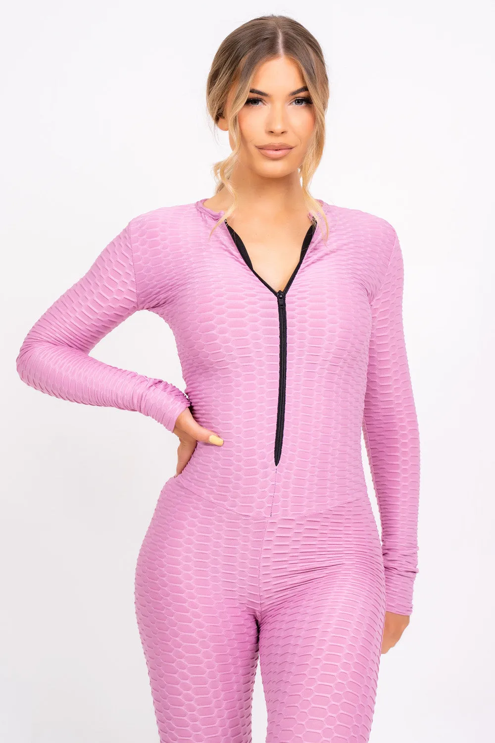 Cali Hot Pink Honeycomb Contouring Push Up Jumpsuit Romper