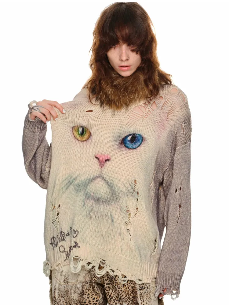 Cat Print Distressed Knit Sweater