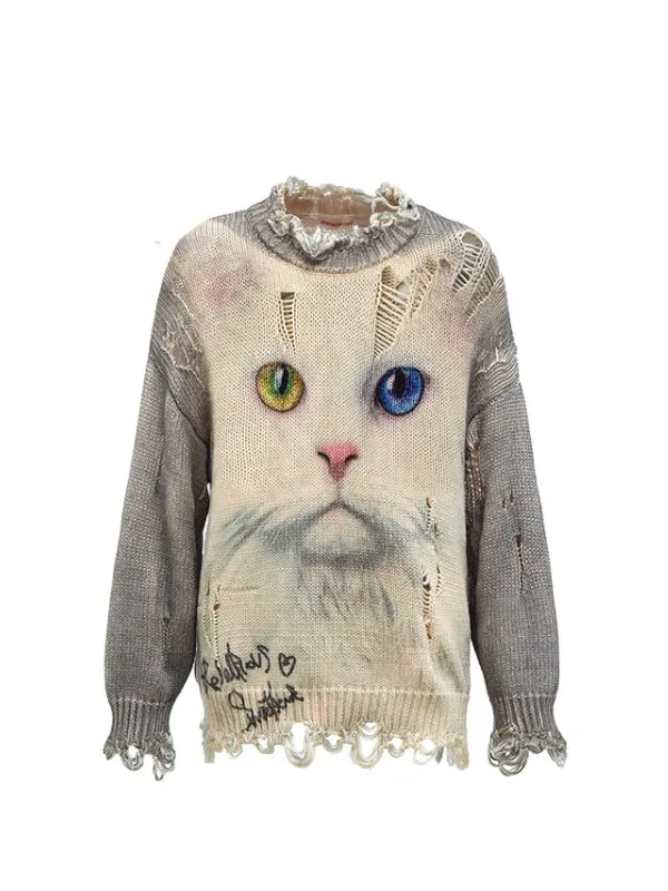 Cat Print Distressed Knit Sweater