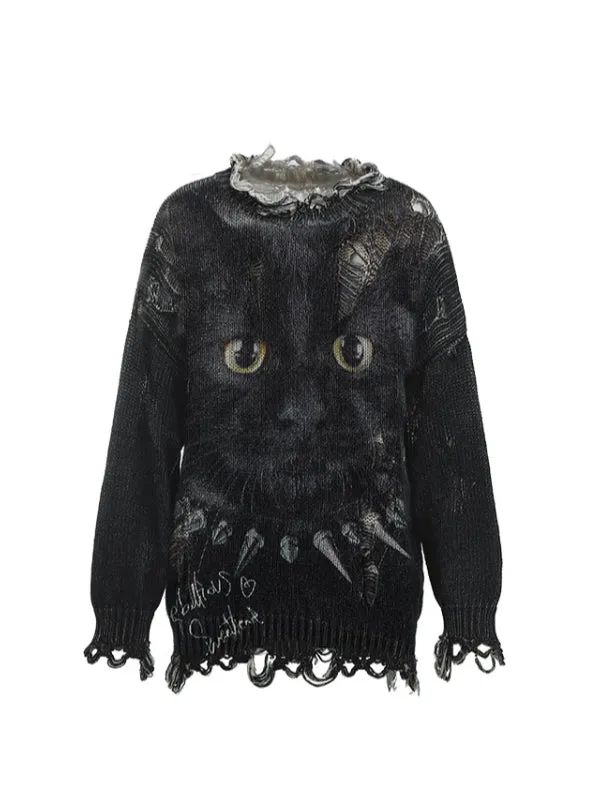 Cat Print Distressed Knit Sweater