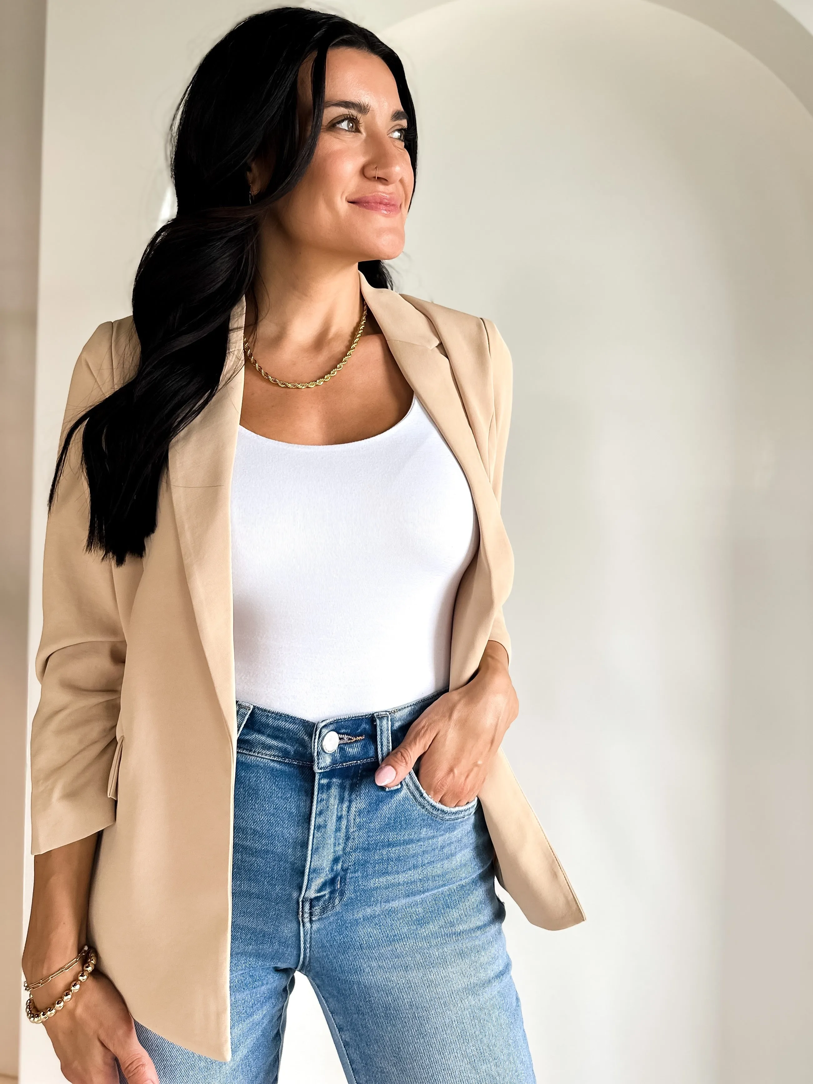 Chic Shirred Sleeve Blazer - Latte