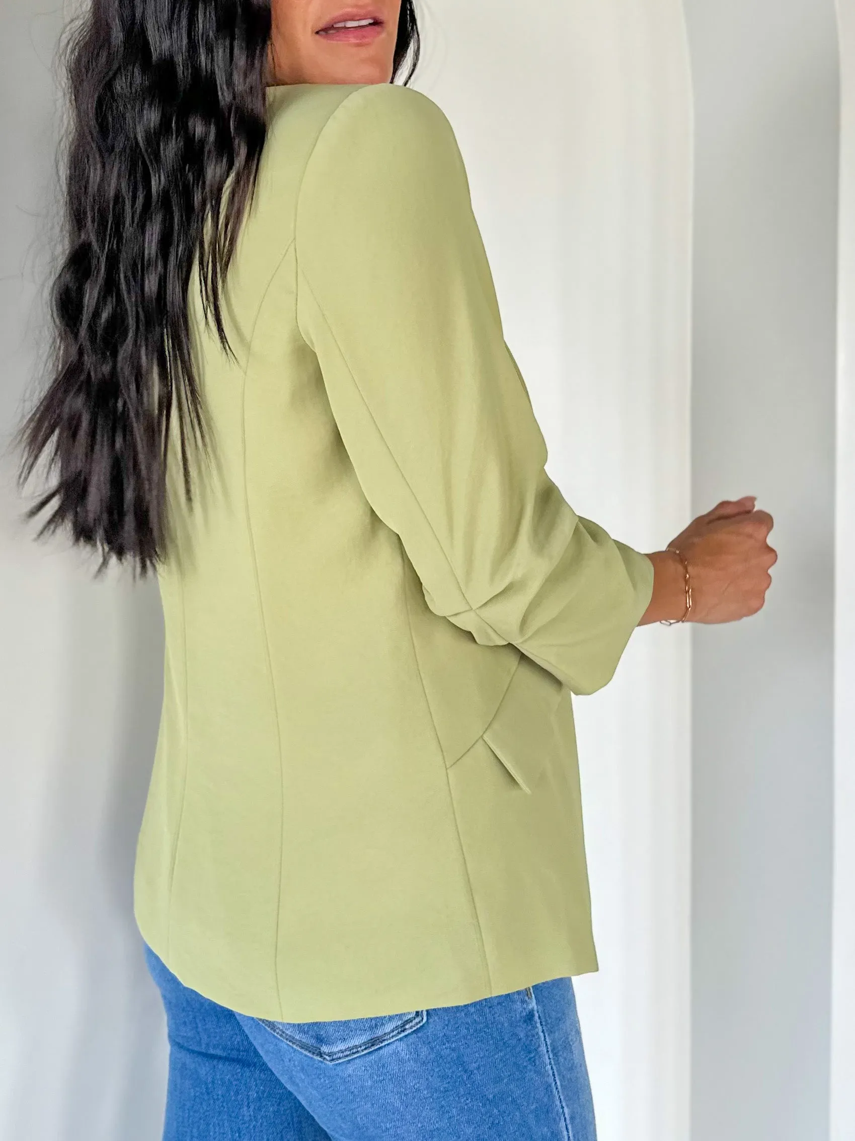 Chic Shirred Sleeve Blazer - Moss Green