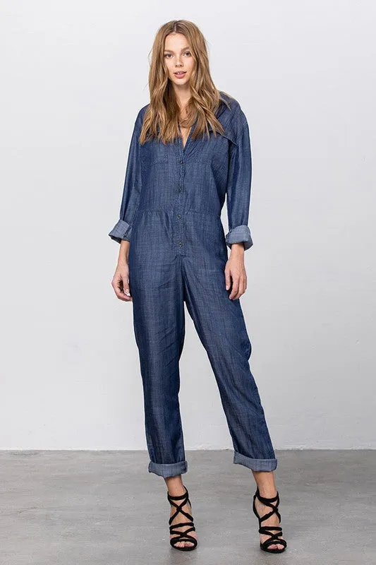 Collared Button Front Tencel Jumpsuit