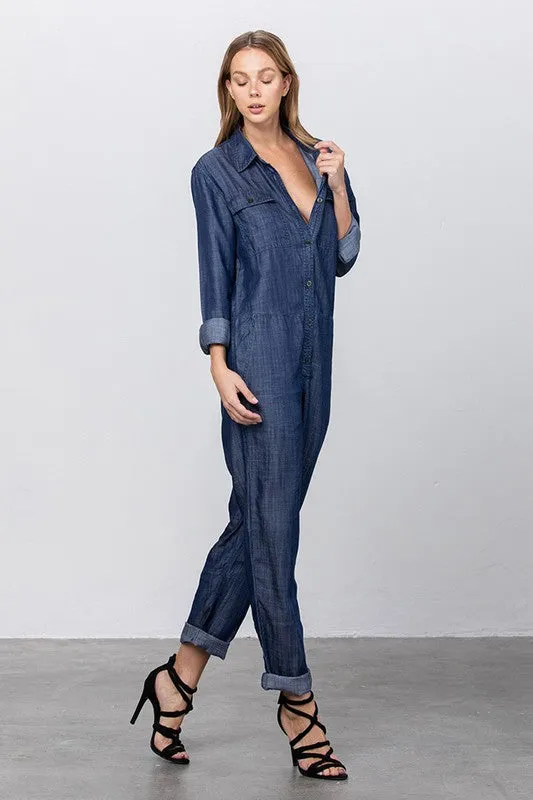 Collared Button Front Tencel Jumpsuit