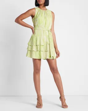 Conscious Edit Printed Sleeveless Tie Waist Tiered Ruffle Dress in Green Print