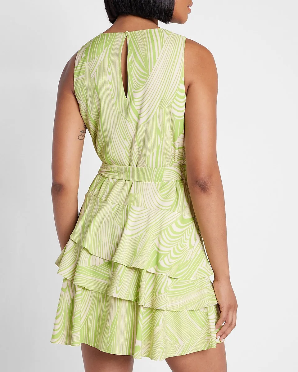 Conscious Edit Printed Sleeveless Tie Waist Tiered Ruffle Dress in Green Print