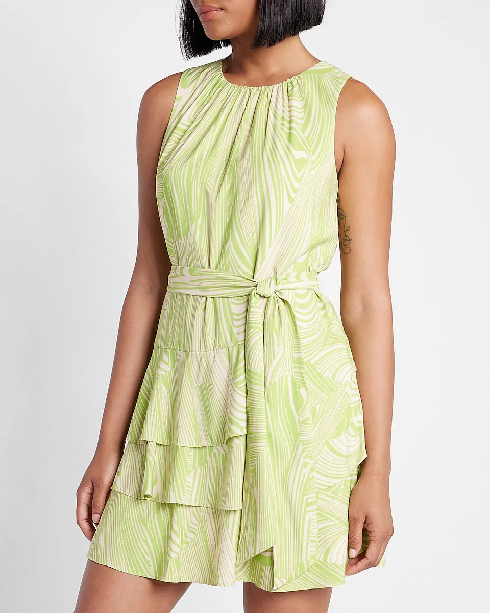 Conscious Edit Printed Sleeveless Tie Waist Tiered Ruffle Dress in Green Print