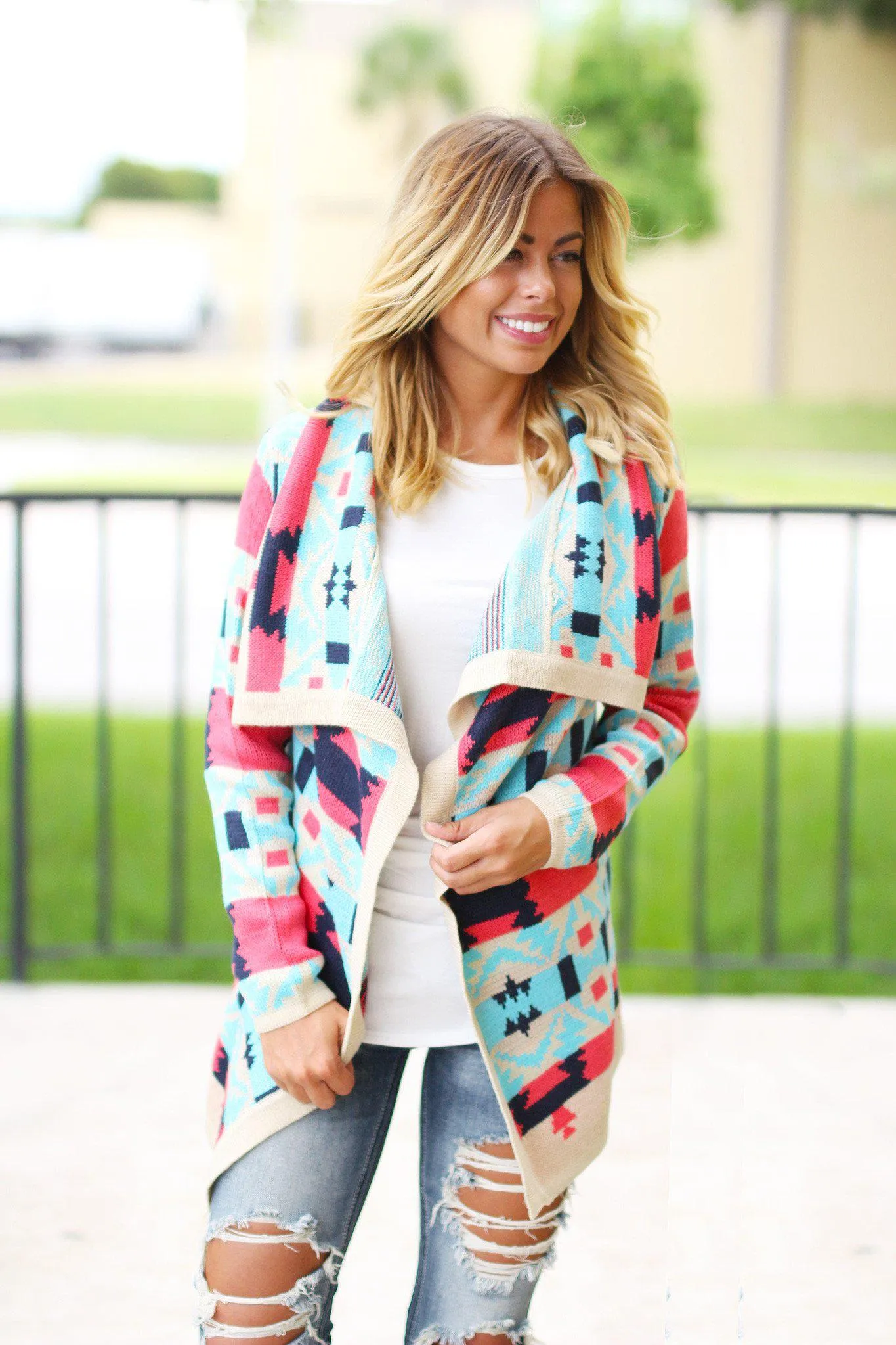 Coral and Aqua Cardigan