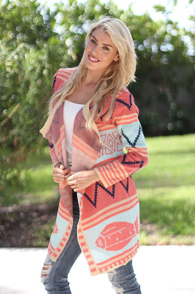 Coral and Mint Long Cardigan